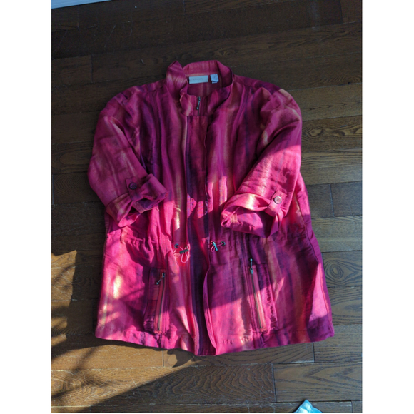 Chico's Women Linen Jacket Pink Art to Wear Abstract Cinch Waist Sz 2 Windbreake - Picture 3 of 9